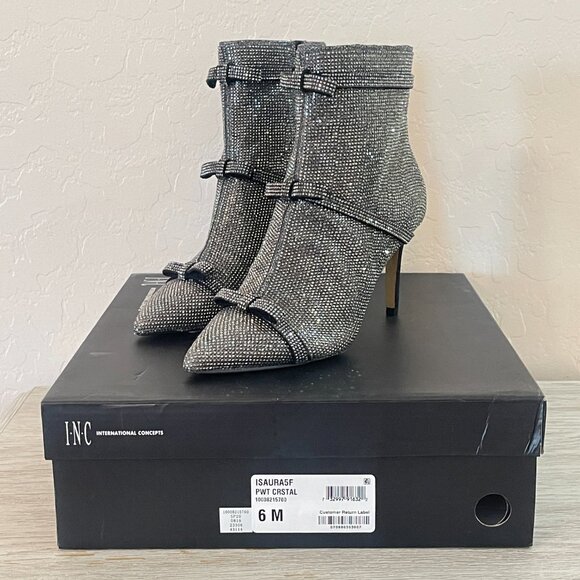 New INC International Concepts 6 Isaura Bootie Boots Pewter Crystals Bow Bling - Picture 2 of 14